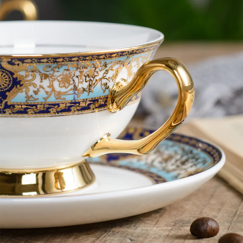 Wholesale Luxury 200ml Bohemian Pattern Bone China Gold Edge Glazed Ceramic Coffee Mug with Saucer