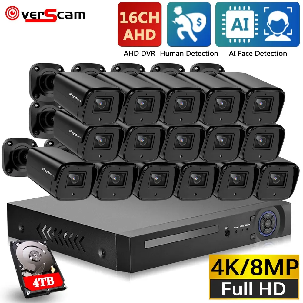 16Channel 4K Super HD Video Security System H.265 DVR With AI Detection 8MP Bullet Outdoor Waterproof Analog CCTV Camera Kit