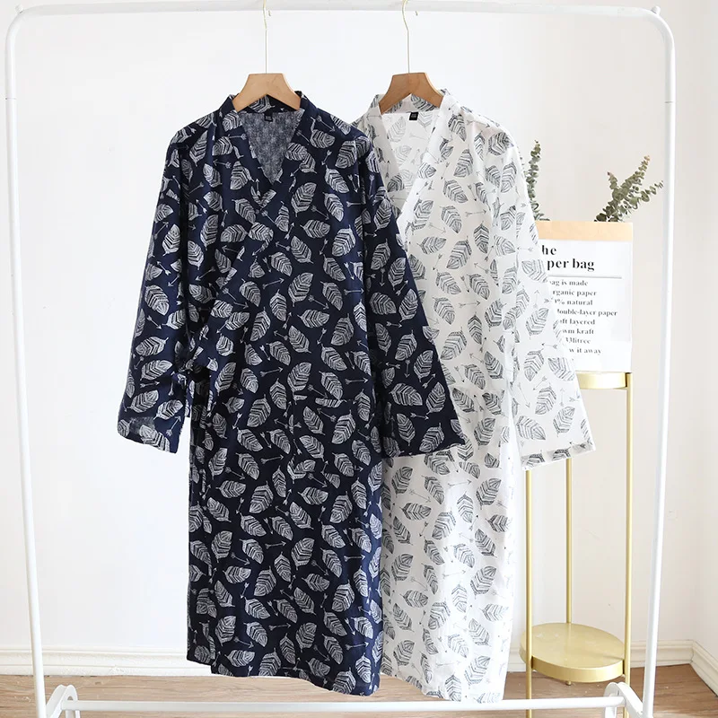 

Japanese Kimono Bathrobe Nightgown Men's Sleepwear Cotton Linen Spring Autumn Large Size Loose Shower Robe