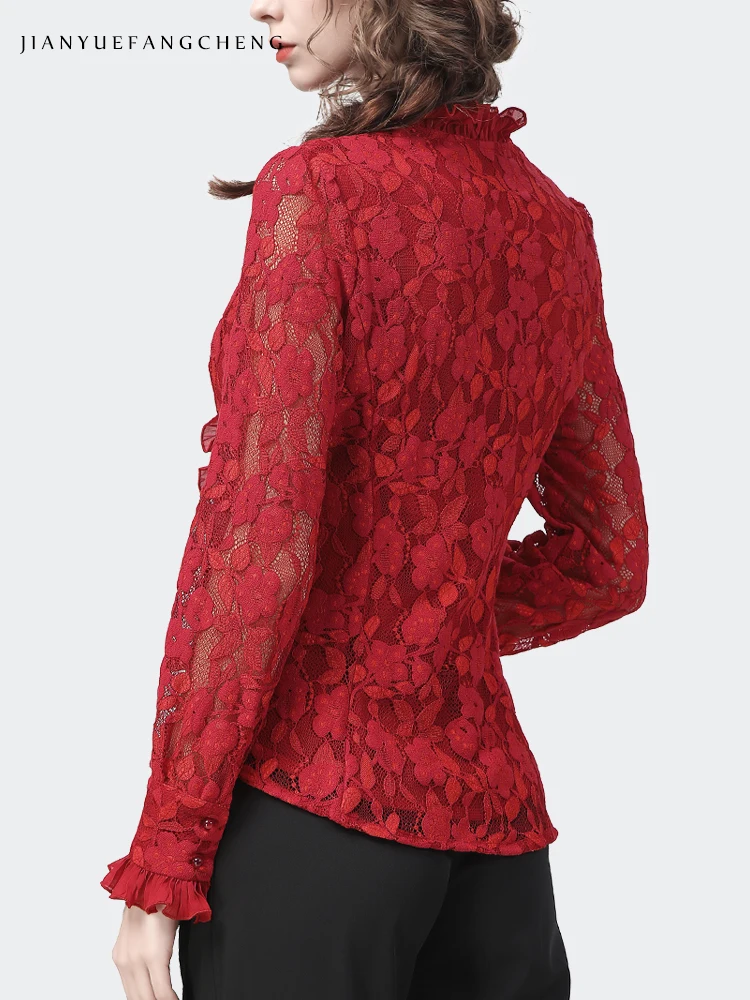 Womens Long Sleeve V-neck Embroidered Floral Red Lace Shirt 2024 Spring Summer Tops Vintage Slim Hollow Out Ladies Blouses