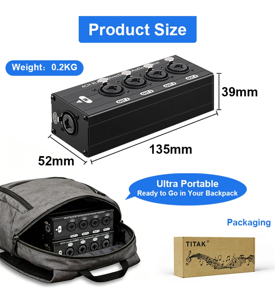1X4 3-Pin XLR symmetrischer Audio-Splitter mit Metallgehäuse und Verriegelungsanschlüssen, Audio-Signal-Splitter-Box für Live-Bühnen-Sound – Detail 9