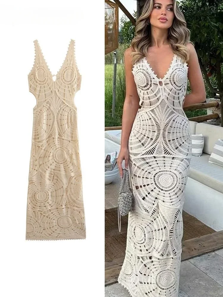 New Solid Knitted Hollow Out Crochet Long Dresses Elegant V-neck Sleeveless Backless Vestidos Women Party Beach Vacation Clothes