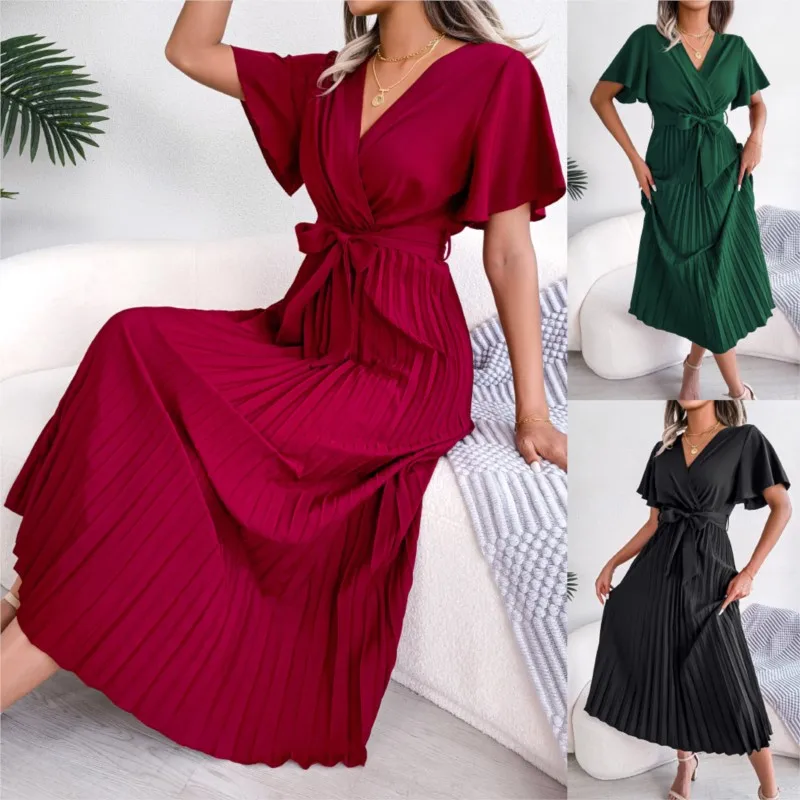 

Long Dress Spring And Summer V-neck Pleated Wide Hem Casual Fashion Loose Soild Color Lace-up Short Butterfly Sleeve Ropa Mujer