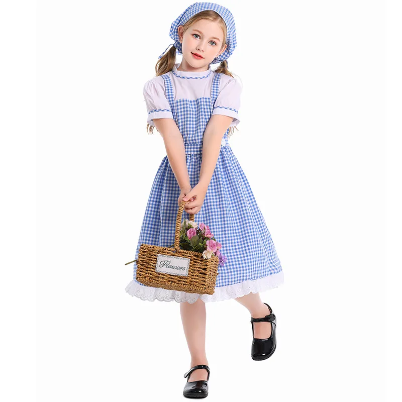 

Halloween Play Costume Cute Girls Cosplay Costume Stage Drama Performance Costume Blue Checkered Skirt Including Headband