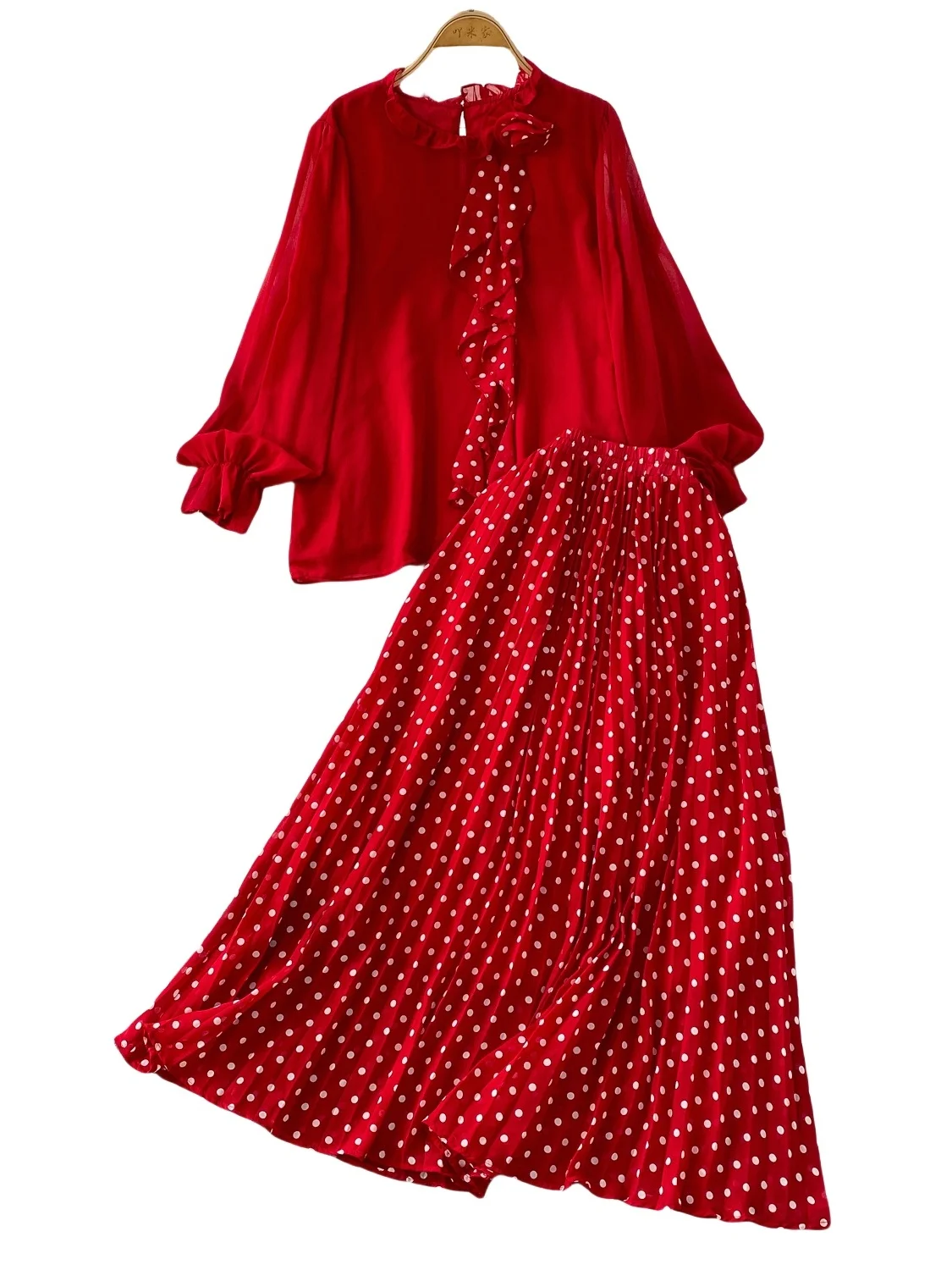 Pelindung Matahari Polka Dot Sve Panjang dengan Rok F Pinggang Tinggi Dua Potong Set Pakaian Faion Musim Panas Wanita Sifon Longgar...