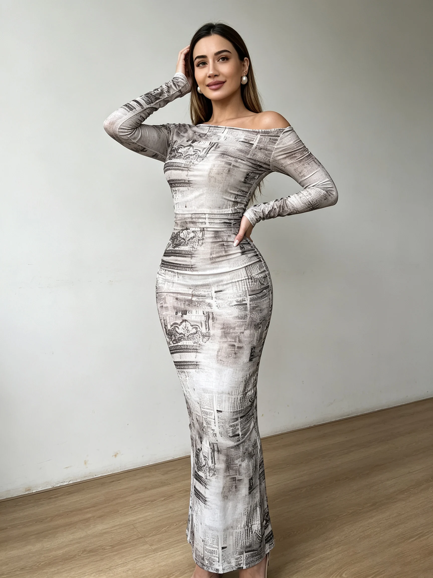 Women's Boat Neck Long Sleeve Slim Maxi Dress Fall Winter Vintage Print Ruched Slit Elegant Casual Versatile Office Date Party