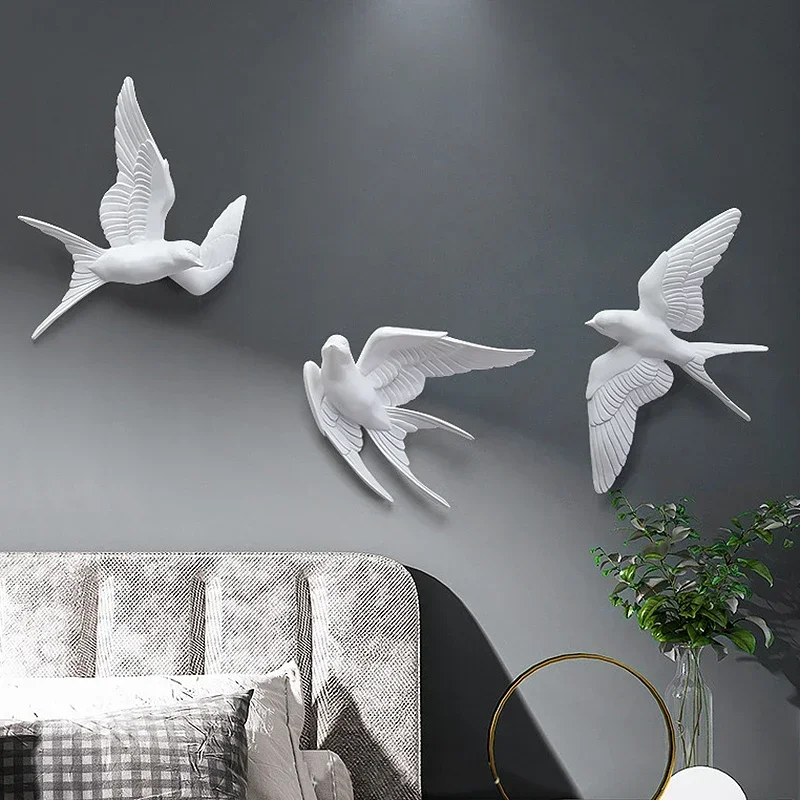 European White Three-dimensional Bird Wall Decoration Living Room Swallow Wall Hanging Abstract Animal Ornaments Home Decoration