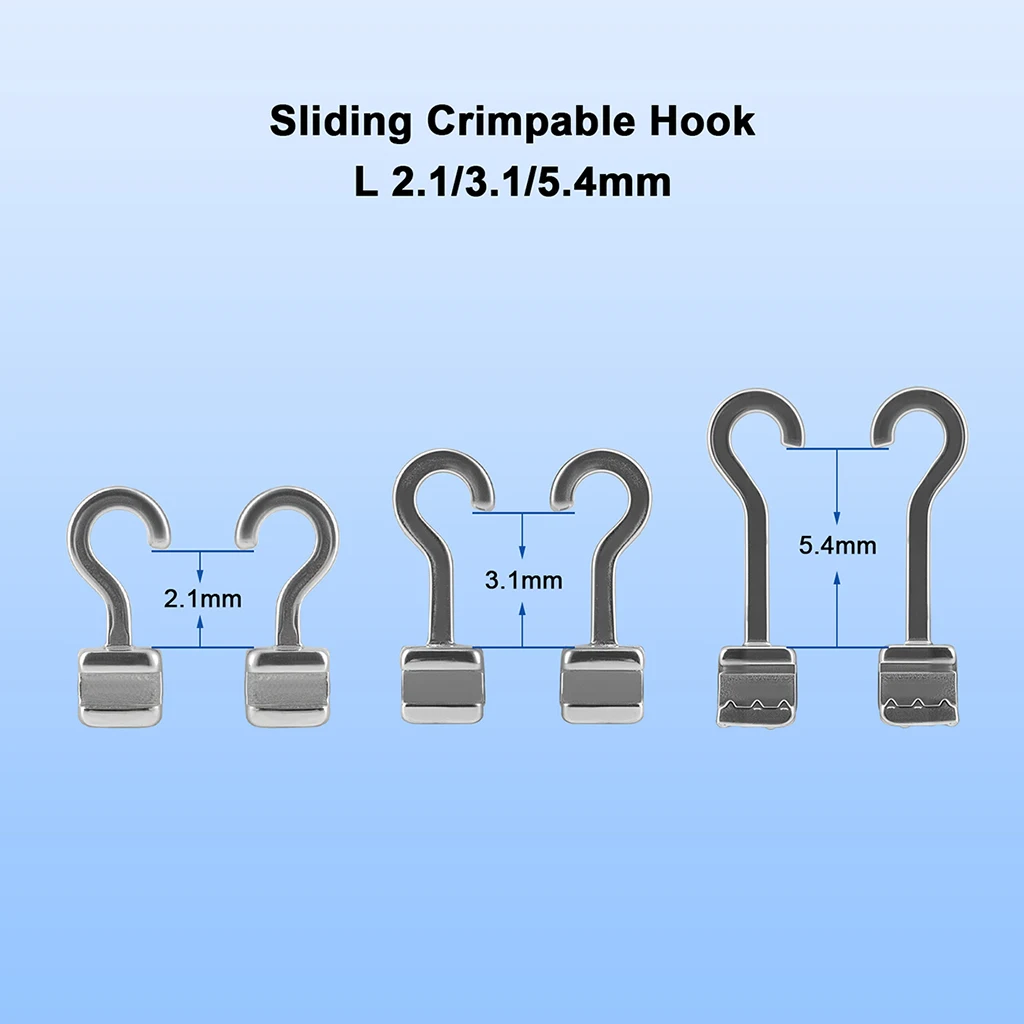 50 Stück/Box AZDENT Dental Kieferorthopädische Gleitende Crimpbare Haken Lang Rechts/Links Gebogene Crimpbare Haken 2,1/3,1/5,4mm Passend für Drahtbögen – Detail 3