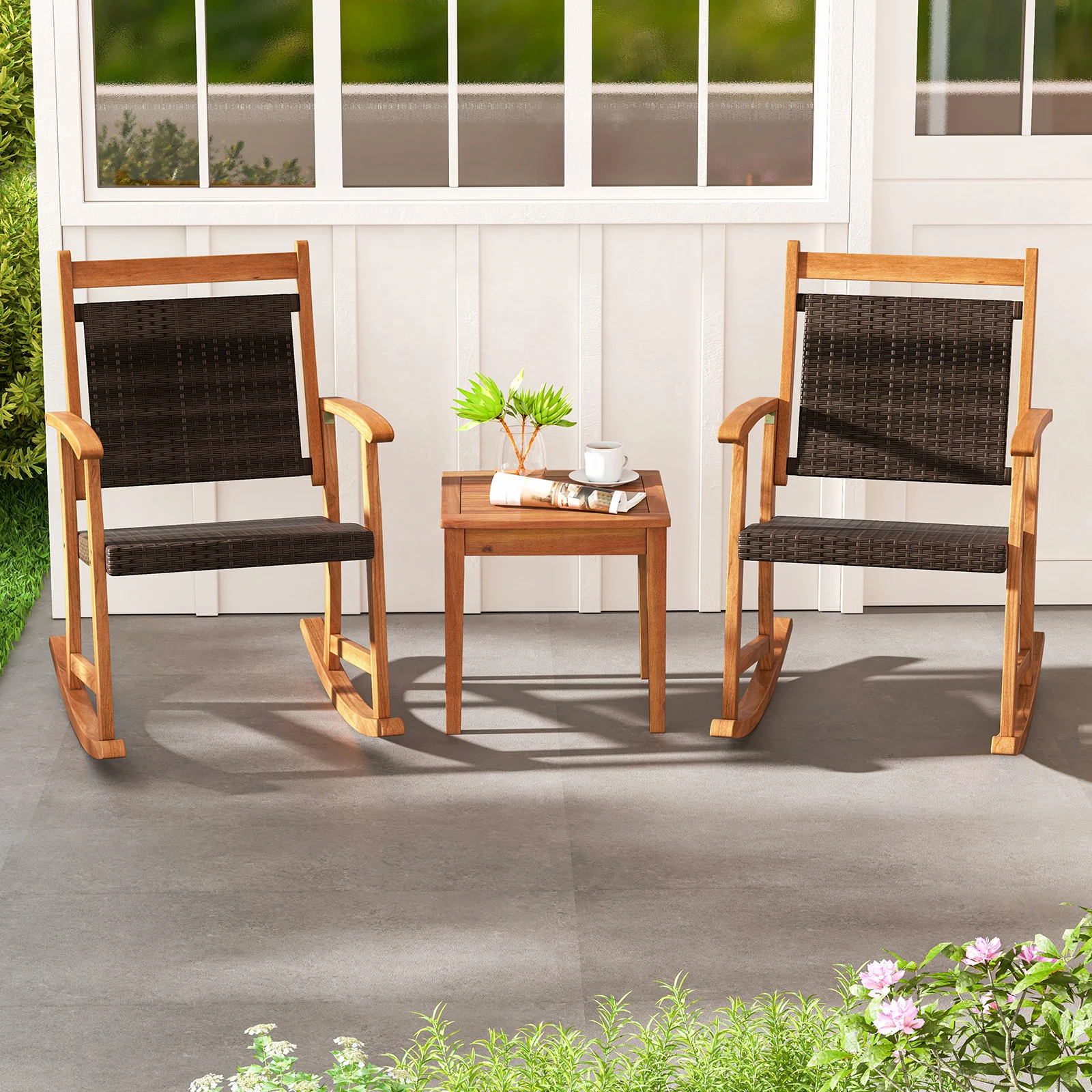 

3PCS Patio Rattan Rocking Chair Bistro Set Acacia Wood Frame Armrest