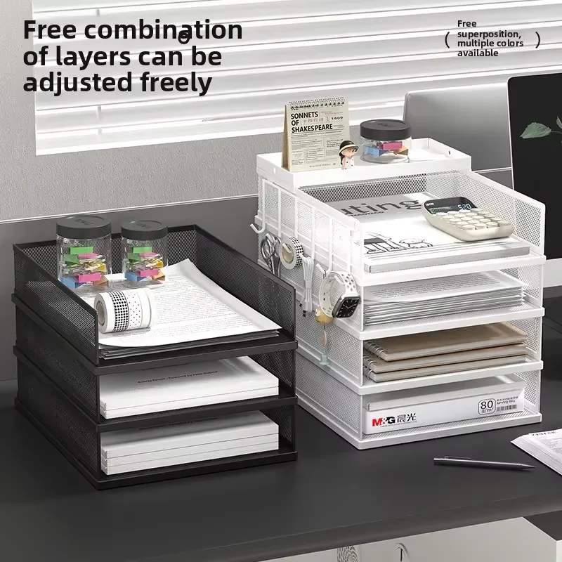 

Multi-Layer Metal File Organizer Rack-Adjustable Tier Desktop Document Holder with Hooks,Vertical Space Saving Storage Shelf