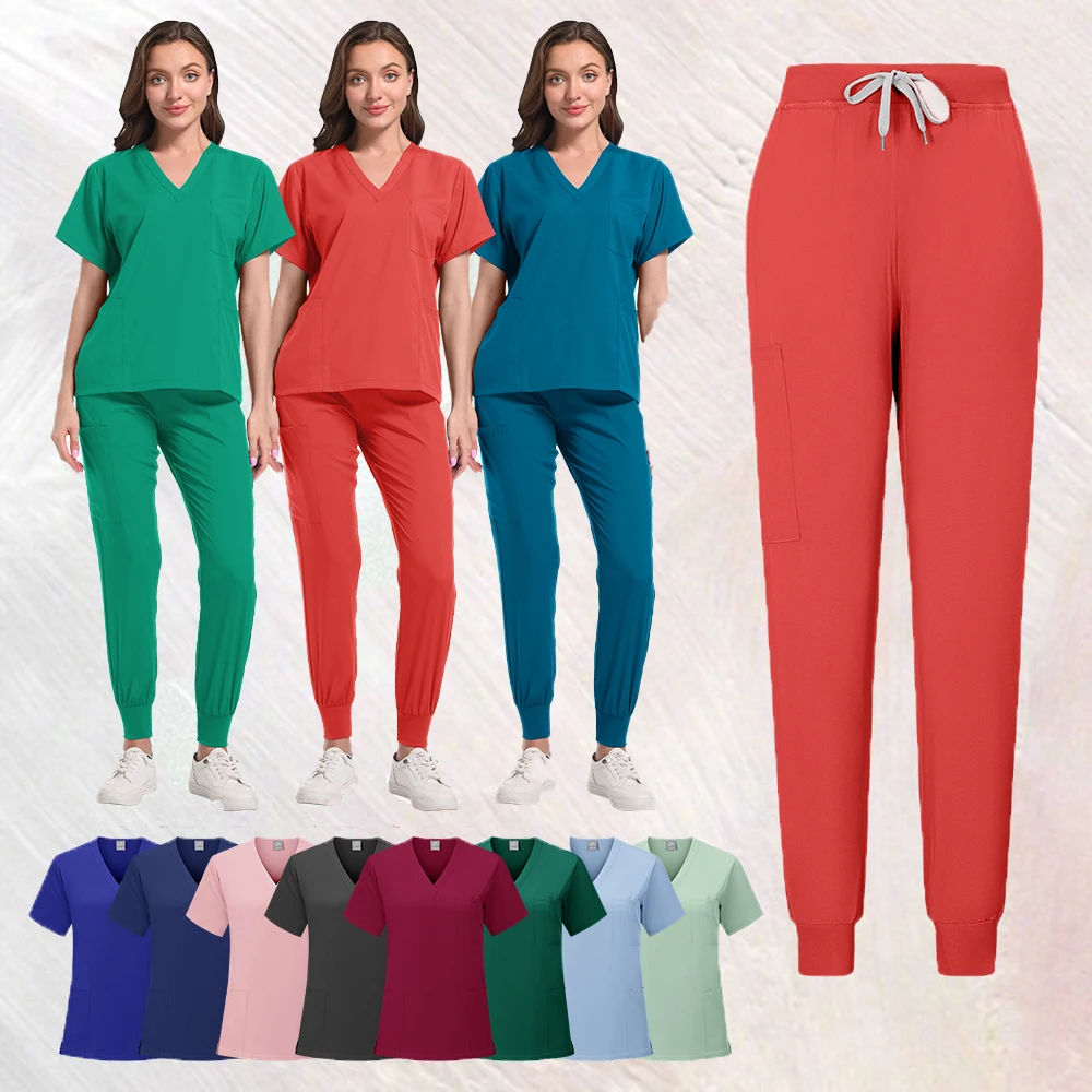 Stretch Scrub Set Medical Uniform Health Service Scrub Tops with Pocket Pants Beauty Salon Workwear Surgery Doctor Nurse Uniform