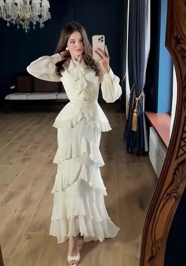 Elegante sólido cintura alta chiffon vestidos de festa mulher em torno do pescoço em camadas babados vestido longo outono manga longa vestido de noite