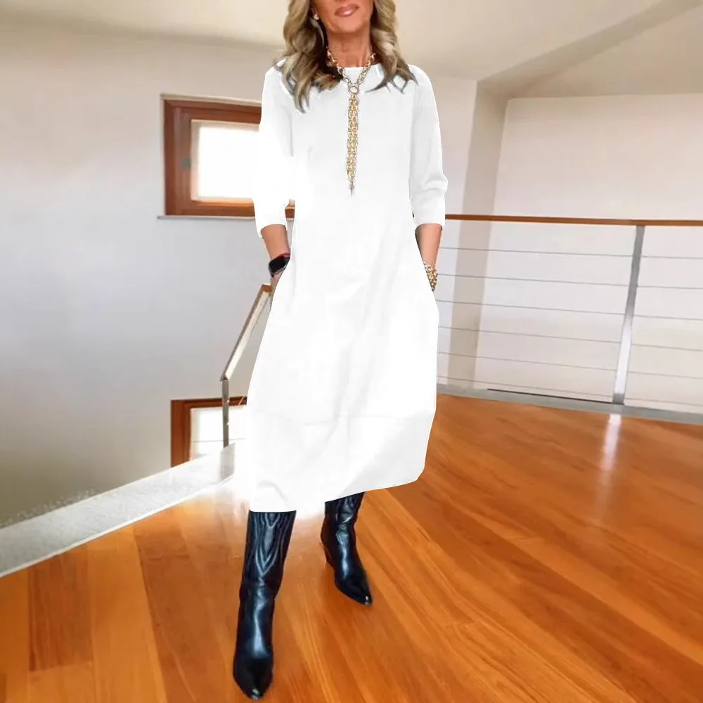 Round Neck Long Sleeve Dress High Waist Maxi Length with Elegant and Refined Commuter Style Full Swing Skirt Dresses for Women