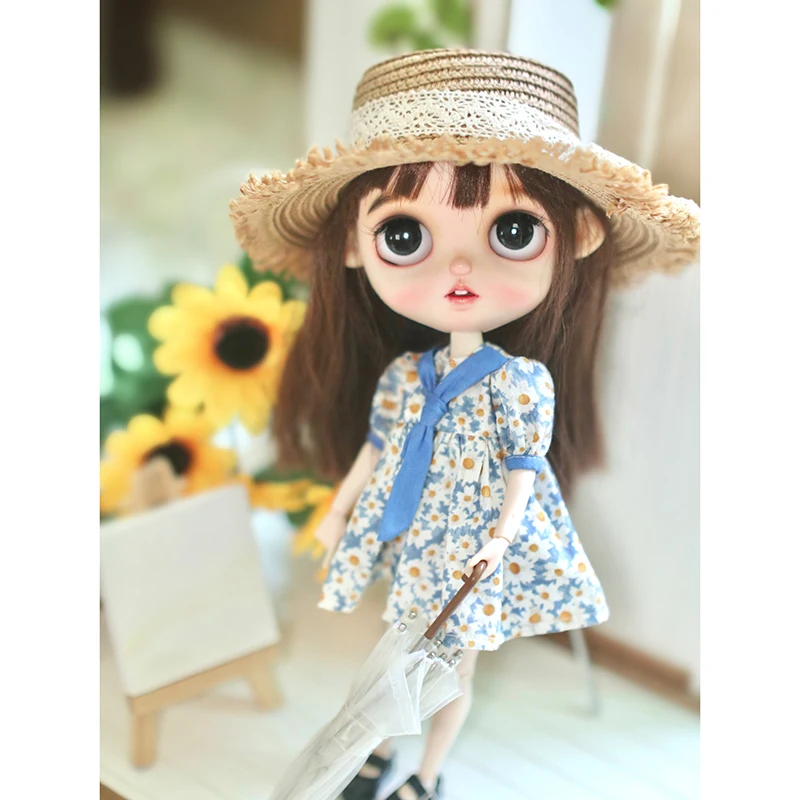 New Arrival 1Pcs Blythe Doll Clothes Floral Colorblock Dress with Bow Tie for Blyth Licca OB24 1/6 Dolls Outfits Accessories