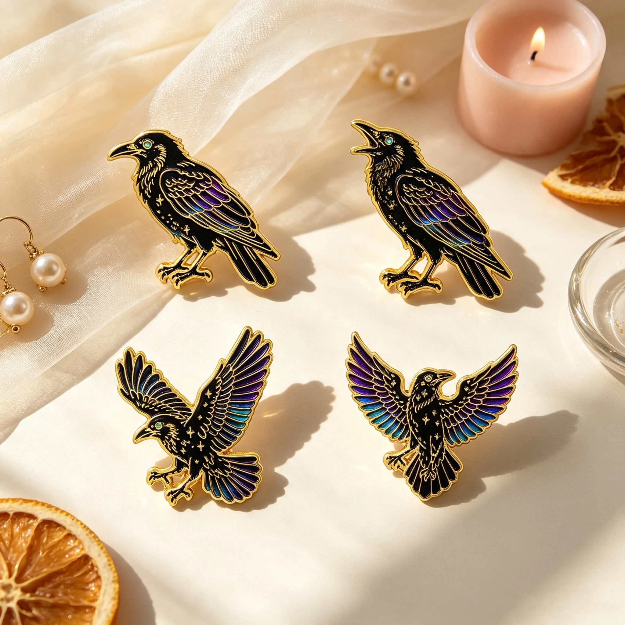 4pcs/Set Punk Black Crow Enamel Pin Cool Gothic Raven Badge Brooch Backpacks Bag Collar Lapel Decoration Jewelry Friends Gifts