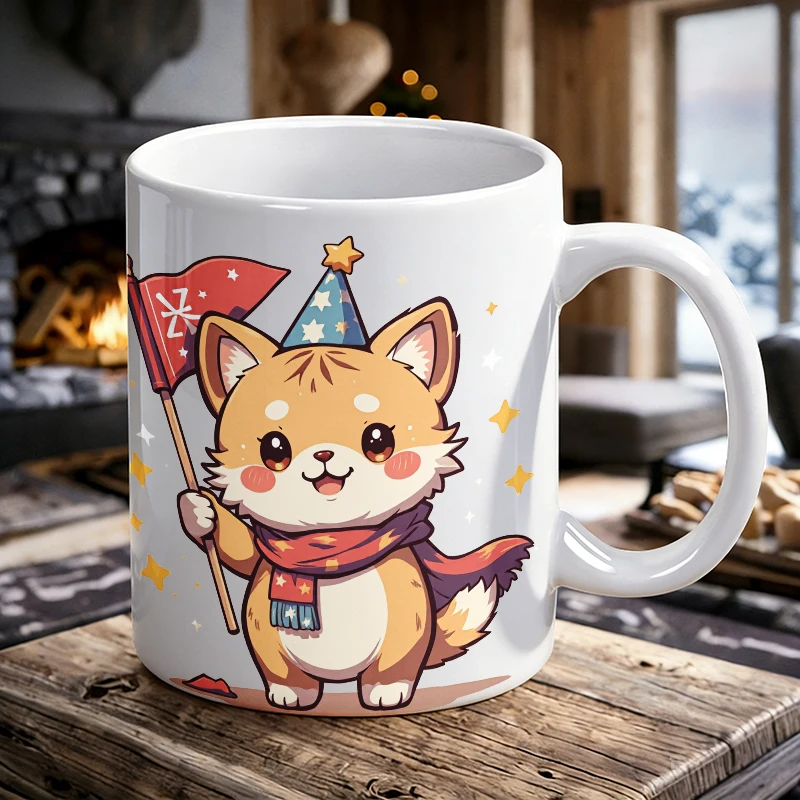 

Bastille Day Mug Coffee Cup Ceramic Cup Cute Cartoon Kitten with Party Hat and Scarf, Holding a Flag