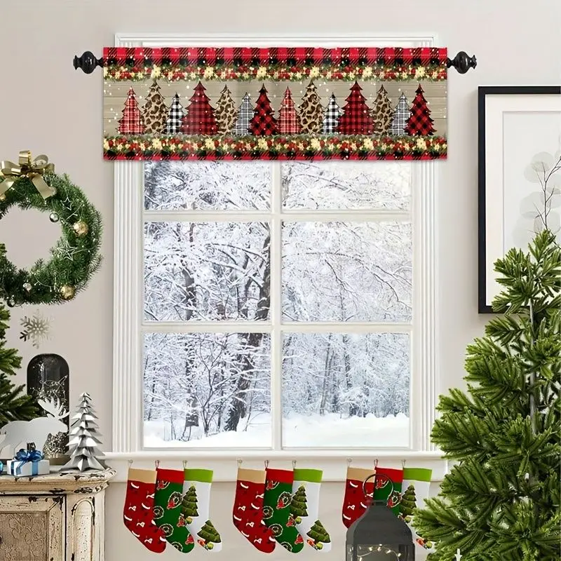 VIKAMA Christmas Window Valance Plaid Leopard Xmas Tree Printed Short Kitchen Curtain Holiday Home Window Decor