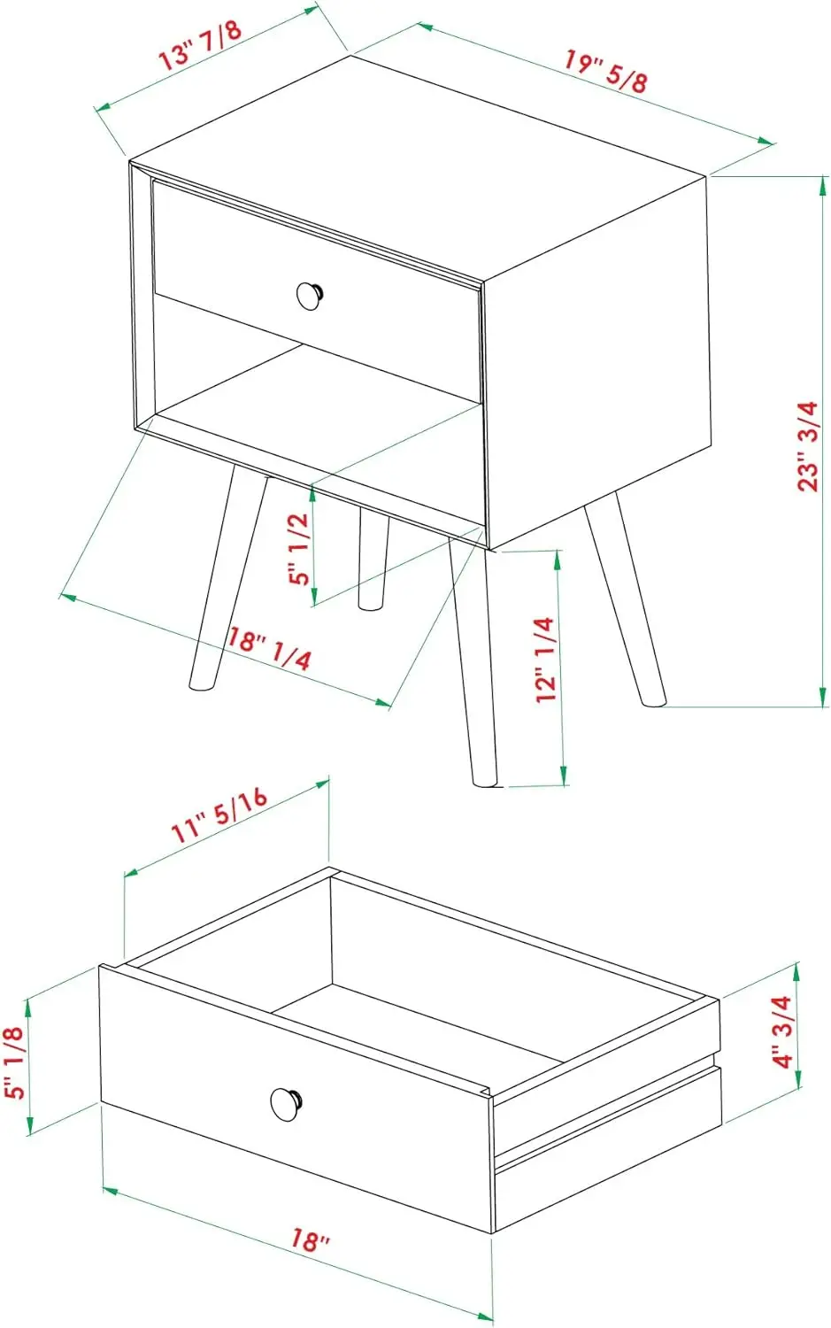 Ellwood Mid-Century Modern 2-Piece Solid Wood 1-Drawer Nightstand Set, 2 Pack, Walnut