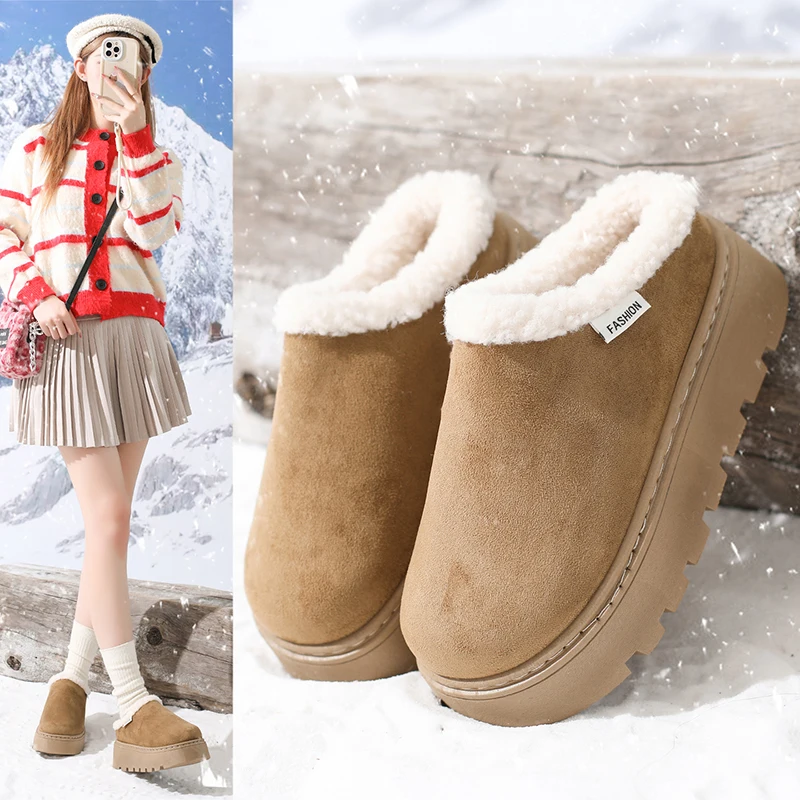 

Fleece-Lined Closed-Toe Half-Slippers for Women, New Autumn and Winter Thick-Soled Shoes for Outdoor Wear, Warm Cotton Slippers