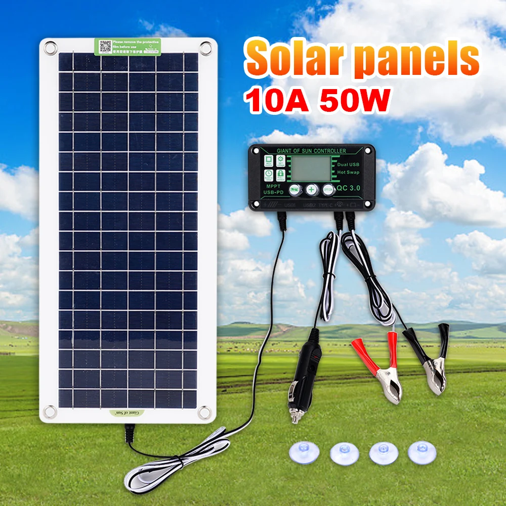 

50W Solar Panels Car Charger Controller Car Charger +Alligator Clip Dual Output USB For Outdoor Battery Supply Supplies