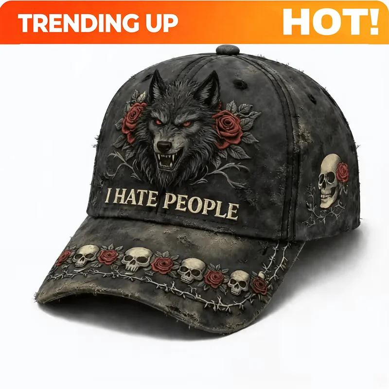 Custom Digital Printed Baseball Cap, I Hate People, Wolf Head Rose Baseball Cap, Suitable for Men And Women Outdoor Sports