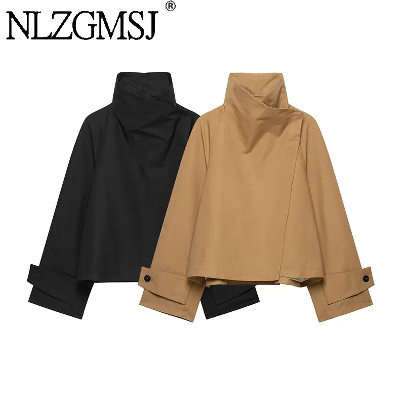 NLZGMSJ Vintage Casual Chic Women Bomber Jacket Stand Collar Hidden Button Jacket Fashion 2026 Autumn Jacket