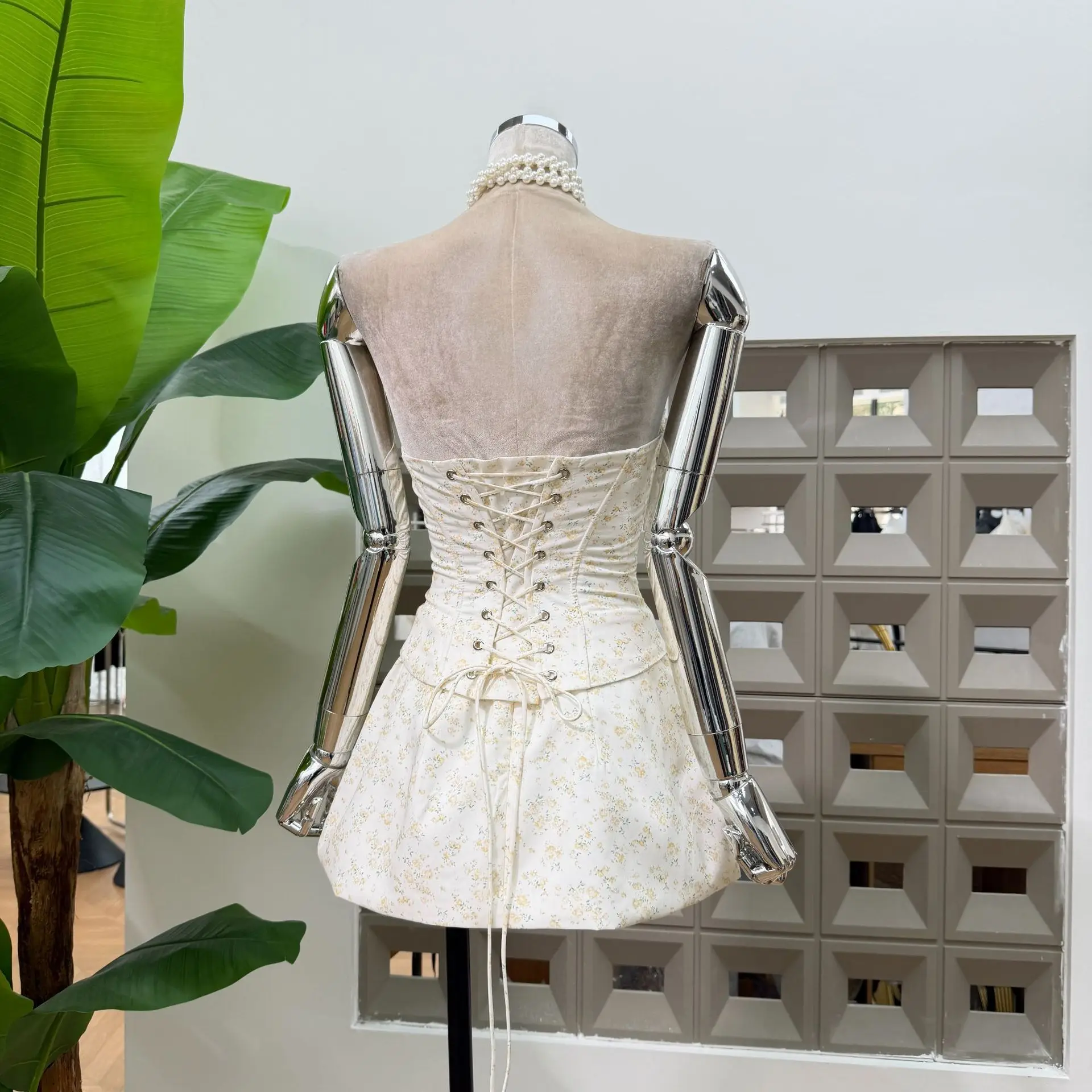 Sweet Floral Hollow Out Corset Top Mini Skirt Two Piece Set Lace Trim Bow Party Sexys Outfit for Women's Matching Sets Vestidos