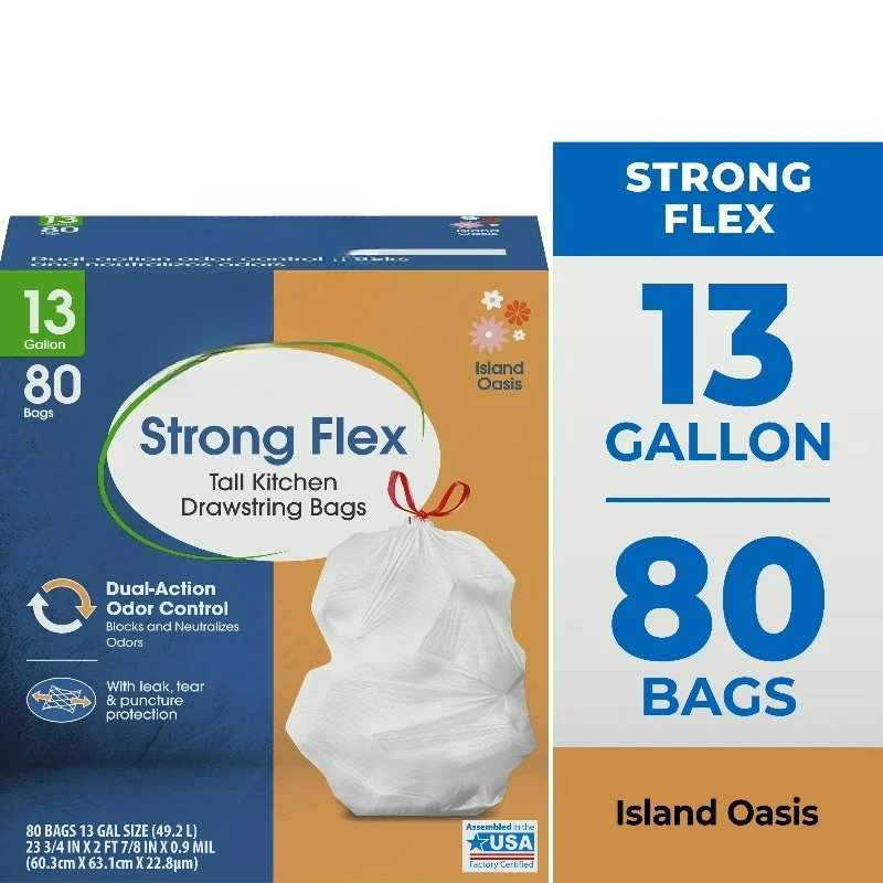 Strong Flex Tall Kitchen Drawstring Bags, Island Oasis, 13 Gallon, 80 Count