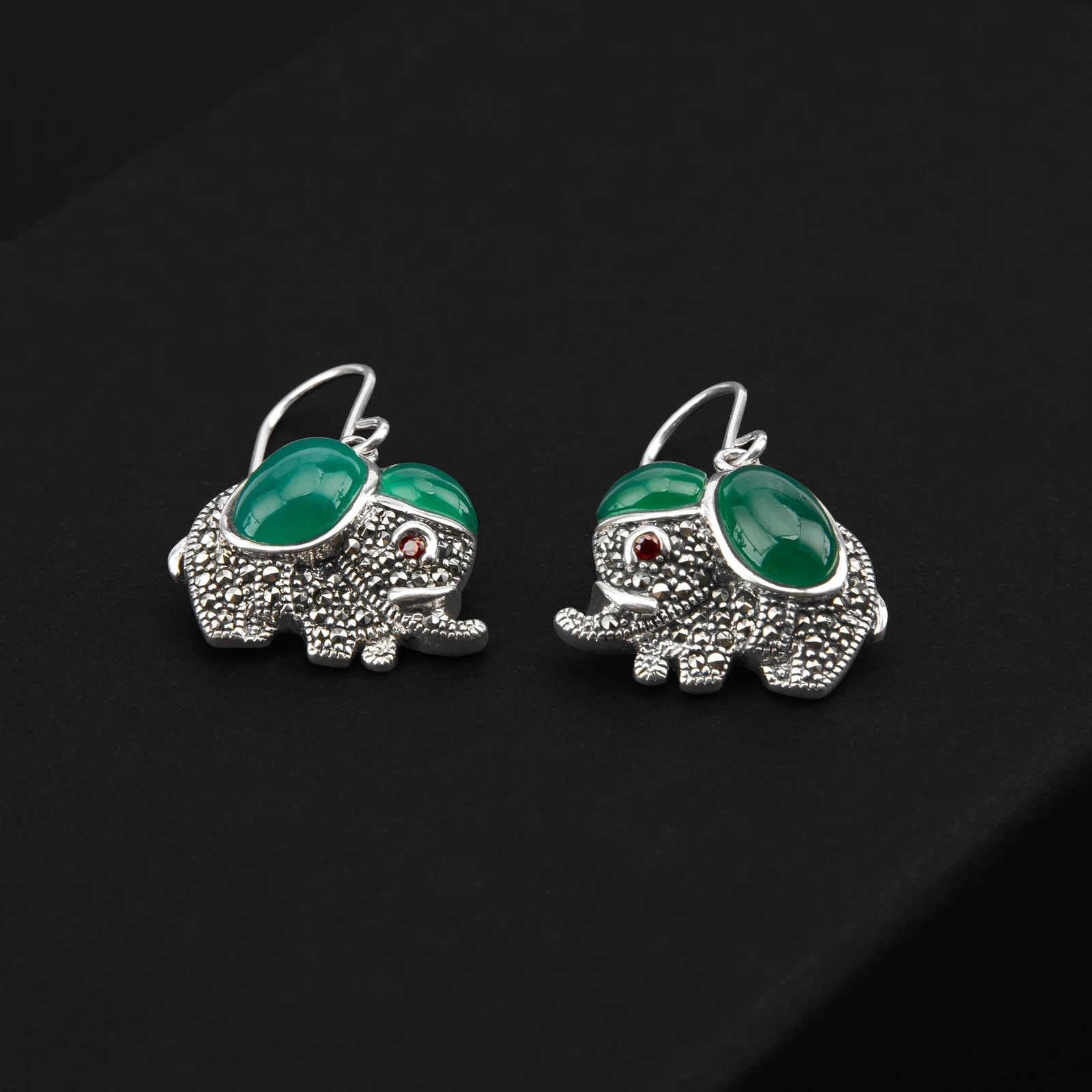 YYSuniee S925 Silver Retro Earrings Chinese Style Synthetic Green Agate Elephant Personalized Earrings