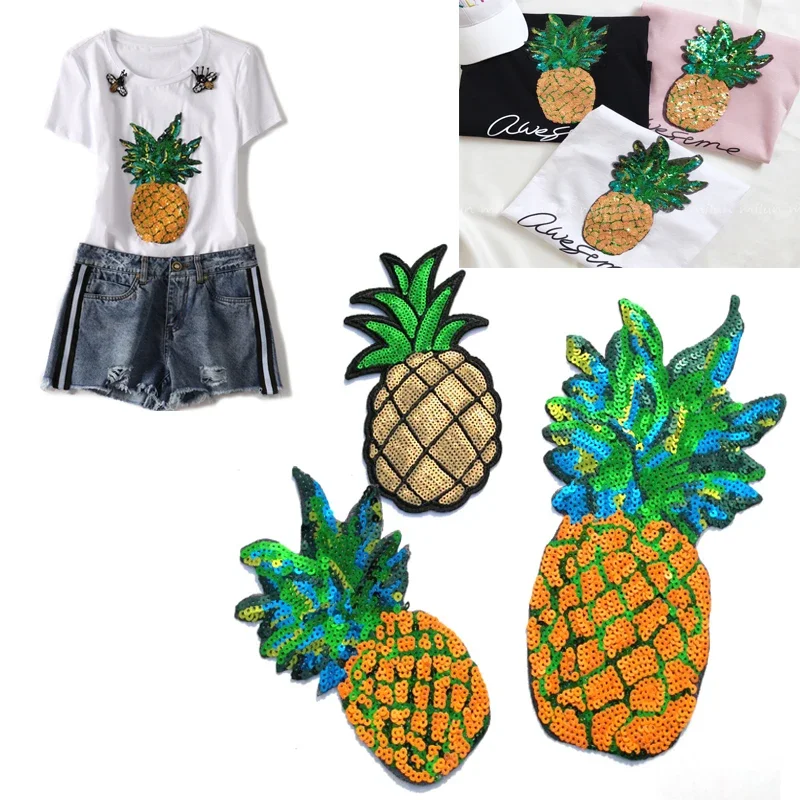 Embroidery Yellow Pineapple Sequins Patch of Iron on Clothing Large Fruit Applique Sew on DIY T Shirt Bag Embroidered Patches