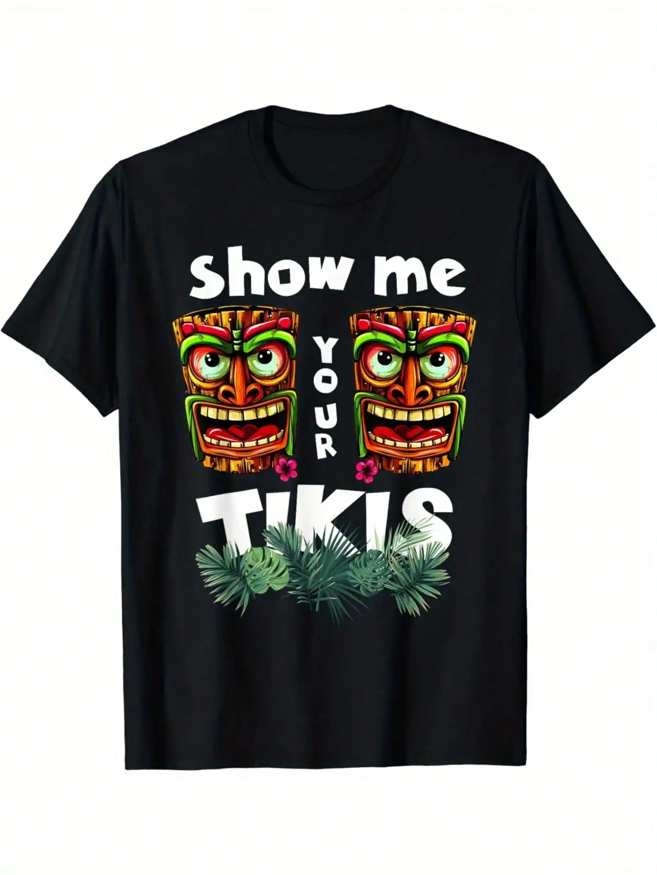 

Men's Large Hawaii Luya Party T-shirt - "Show Me Your Tikis" Pattern, Black Cotton T-shirt with Colorful Tiki Statue Design