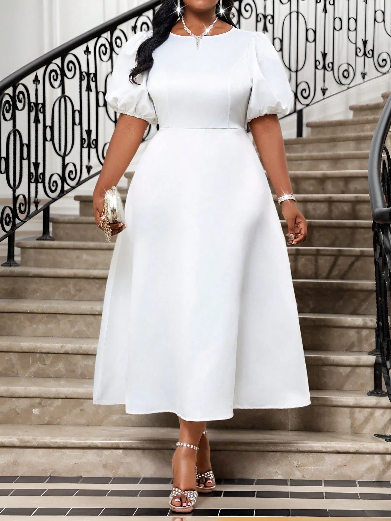 

Белое платье миди А-силуэта больших размеров с пышными рукавами для свадеб, выпускных вечеров, коктейльных и торжественных мероприятий