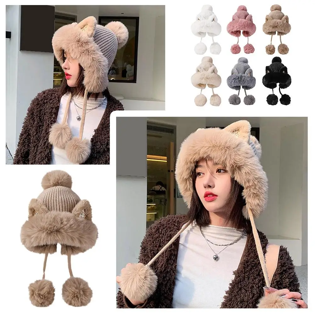 Winter Cute Warm Knitted Hats For Women Cartoon 's Ears Two Balls Earflap Cap Plush Fluffy Thicken Warm Fur Beanie Hat F K2e7