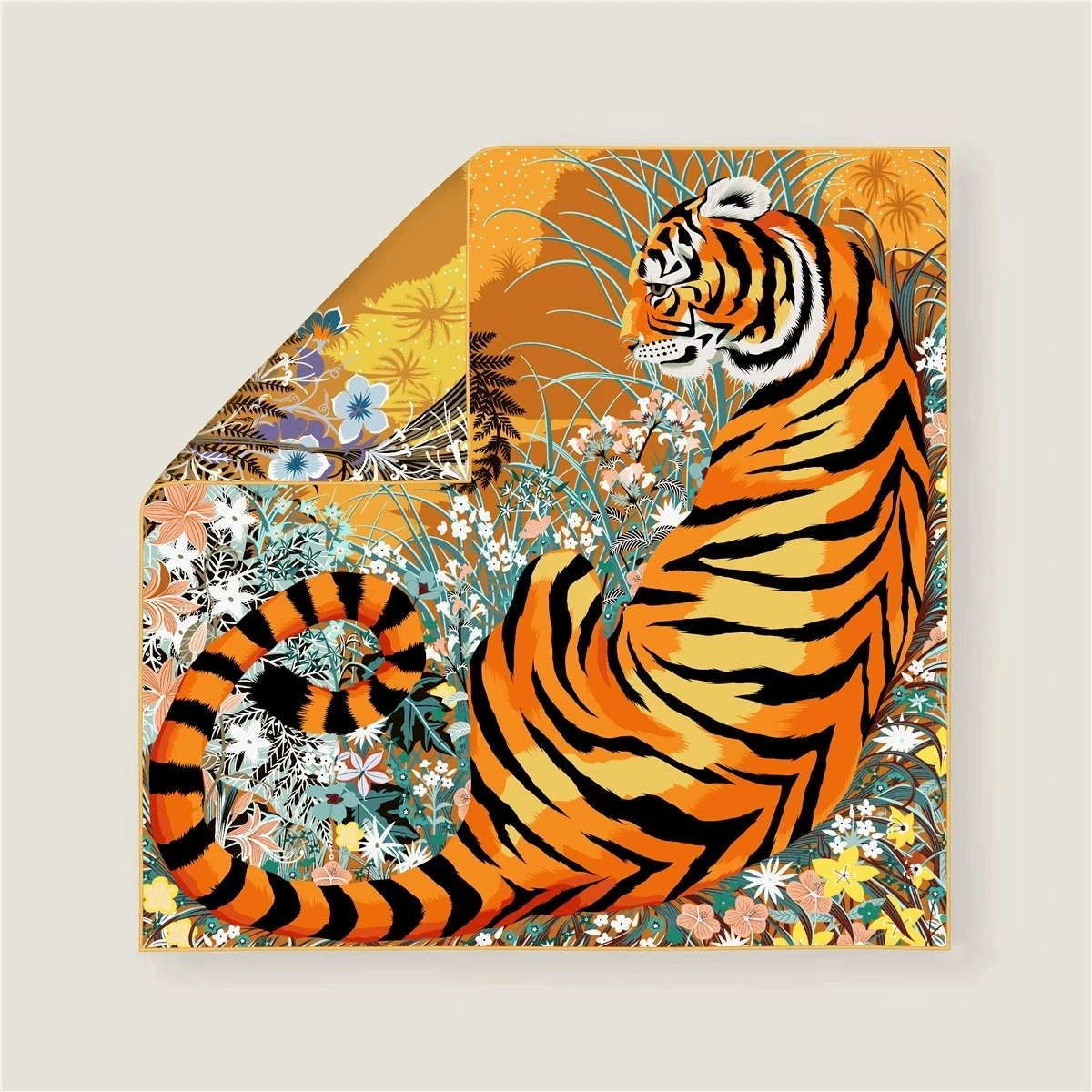 70 سنتيمتر حافة كرة لولبية حك الحرير وشاح مربع المرأة مزدوجة الجانب الغابة النمر الأوشحة المطبوعة يلتف Echarpes Foulards فام الحجاب