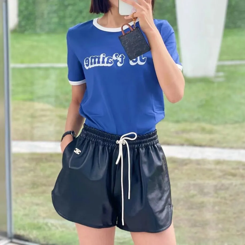 2025 Spring Summer New Classic Letter Water Printing Versatile Simple Casual White Blue Cotton Short Sleeved Women's T-Shirt