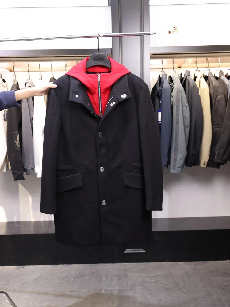 

Homesi Men's Color Blo Casual Hooded Knitted Coat Middle Length Autumn Winter Outerwear Faionable Stand Fit Coat