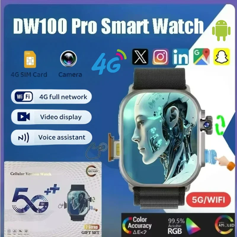 DW100 Pro Android Smartwatch Touch ID Smart Watch With Rotary Camera 2.29inch Amoled Screen GPS WIFI NFC Google Play Store