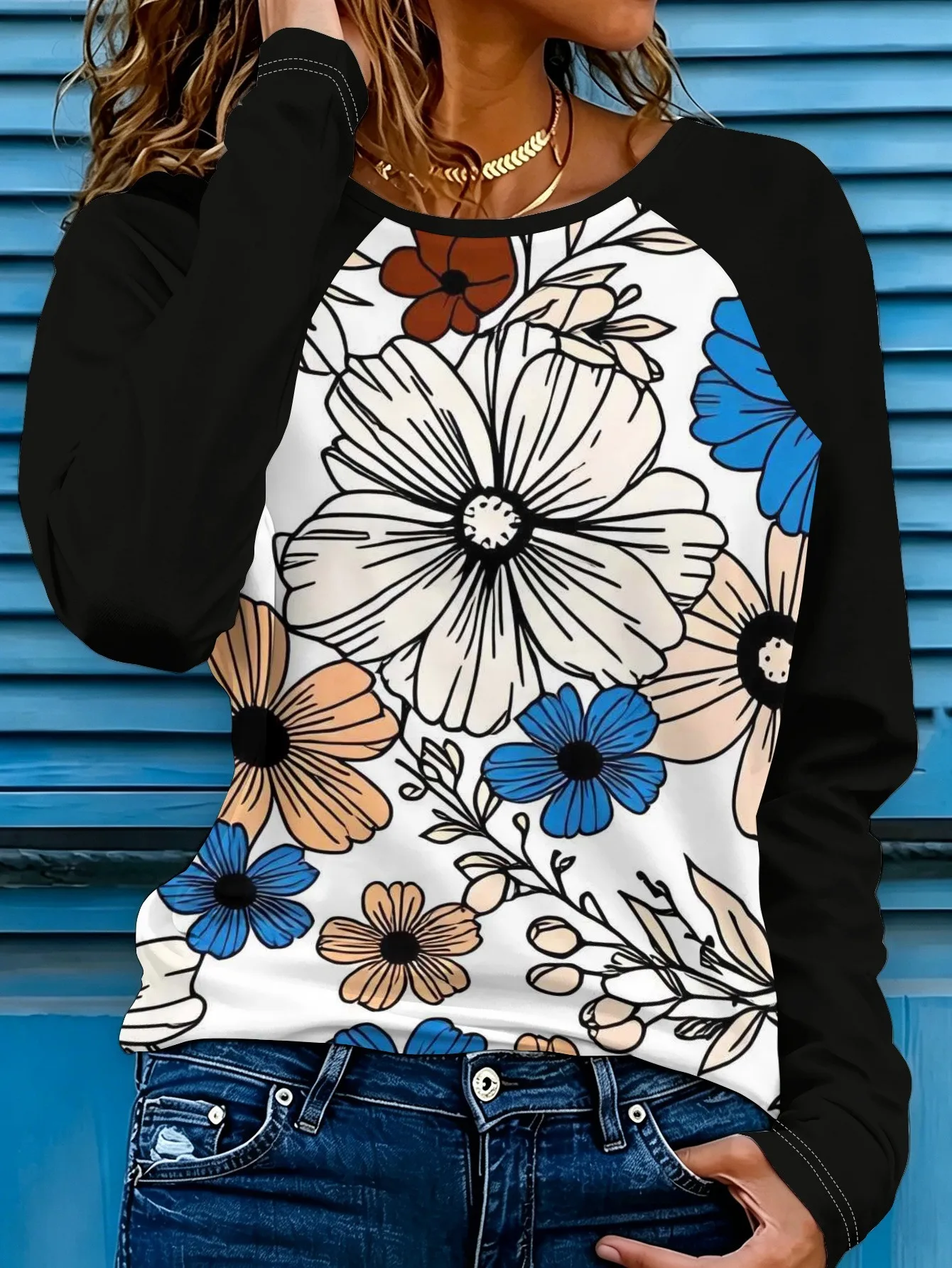 New Women Round Neck Long Sleeve T-shirt Vintage Floral Botanical Street Print Casual Top Spring Autumn Ladies Daily Wear