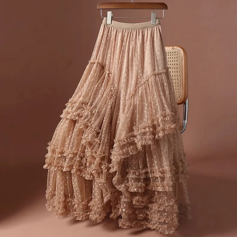 Elegant Tierred Lace Jacquard Love Gauze Skirt Maxi Female 2026 New Fluffy Fairy Sweet Mesh Cake Dress Spring Streetwear Party
