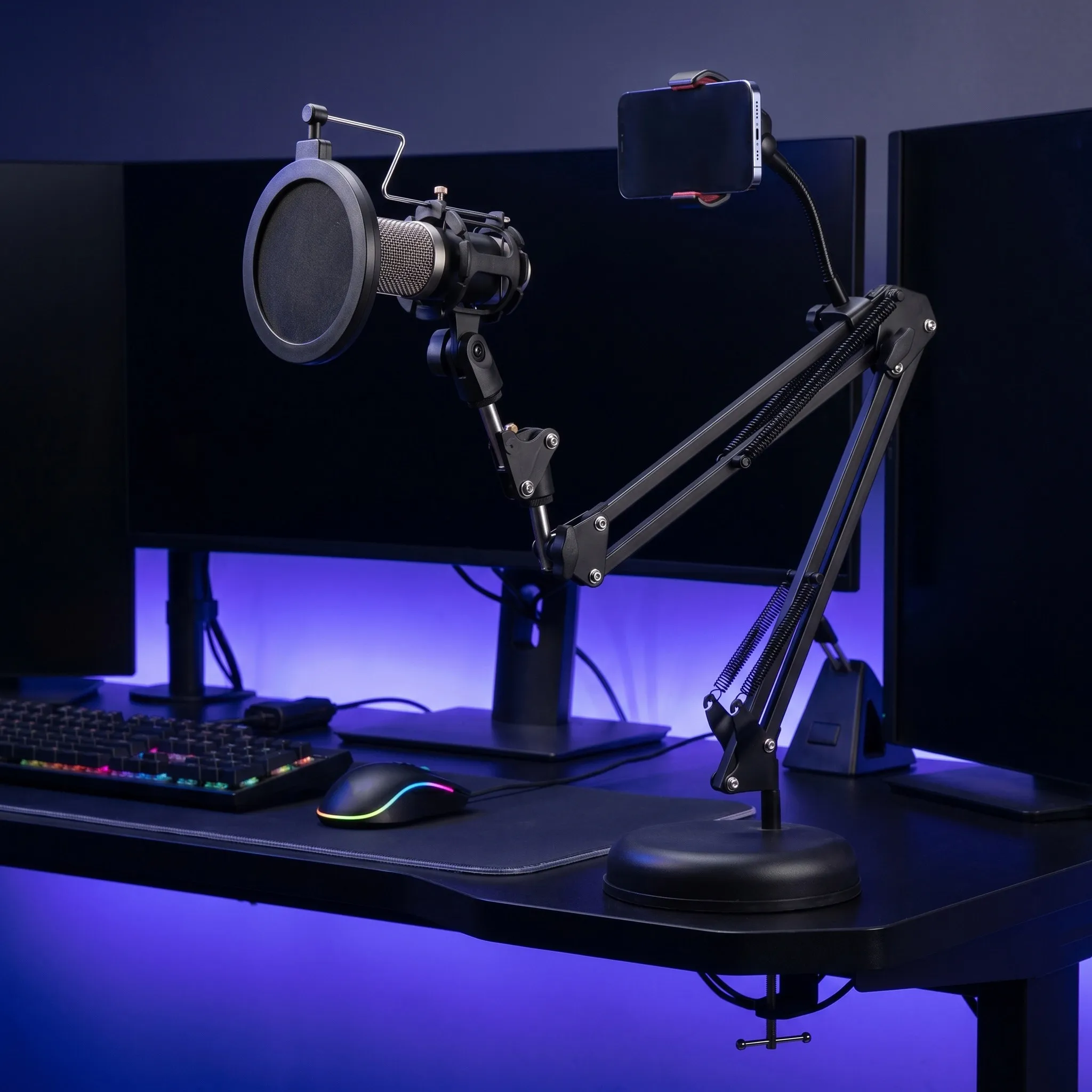 Desktop Microphone Adjustable Boom Arm Stand Dual Device Support Phone Holder Clip Pop Filter Professional Studio Broadcast