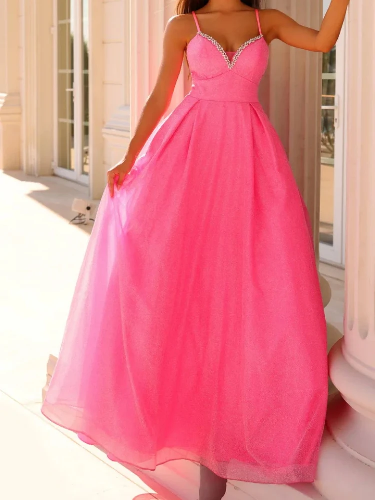 

Elegant Rose Pink Women Prom Dresses Spaghetti Strap Beaded A Line Long Formal Evening Wear Wedding Party Dress Bridesmaid Wear