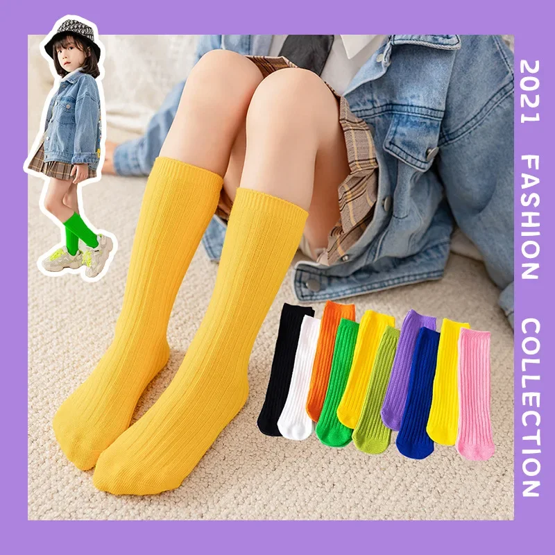 

Children's High Knee Socks Kids Baby Cotton Candy Color Stockings Long Leg Warmers Cute Socks for Girl 3-12Y Children Clothes