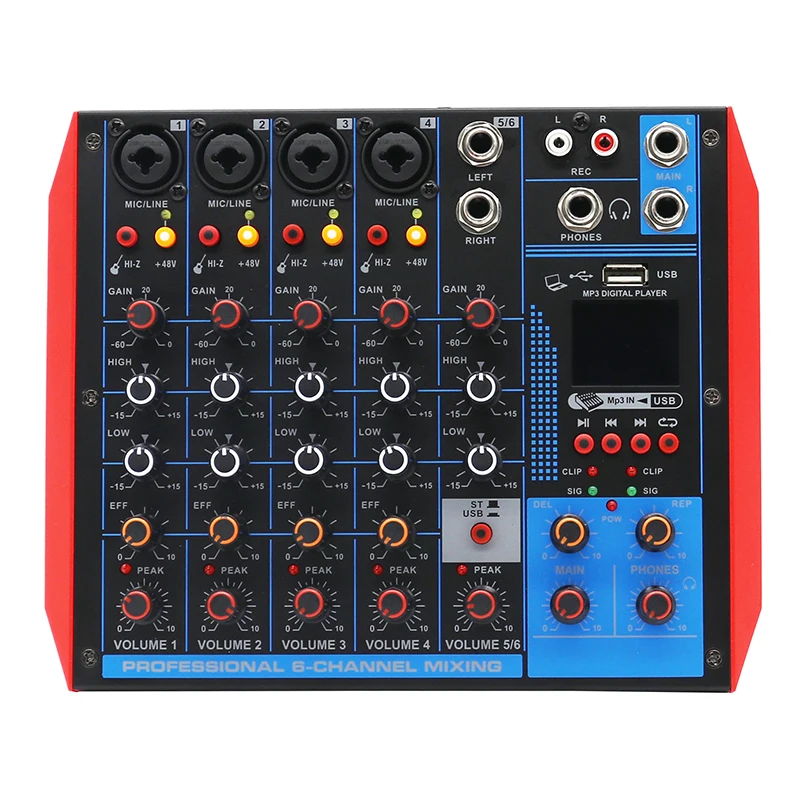 

factory +48v /BT/USB/MP3 mini mixer audio 6 ch portable recording mixer interface for family KTV