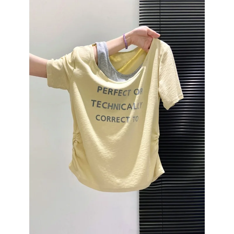 Elegant-looking Women's Two-piece Sloping Shoulder Short-sleeved T-shirt, 2026 Summer New style, Cinched Waist Pleated Top