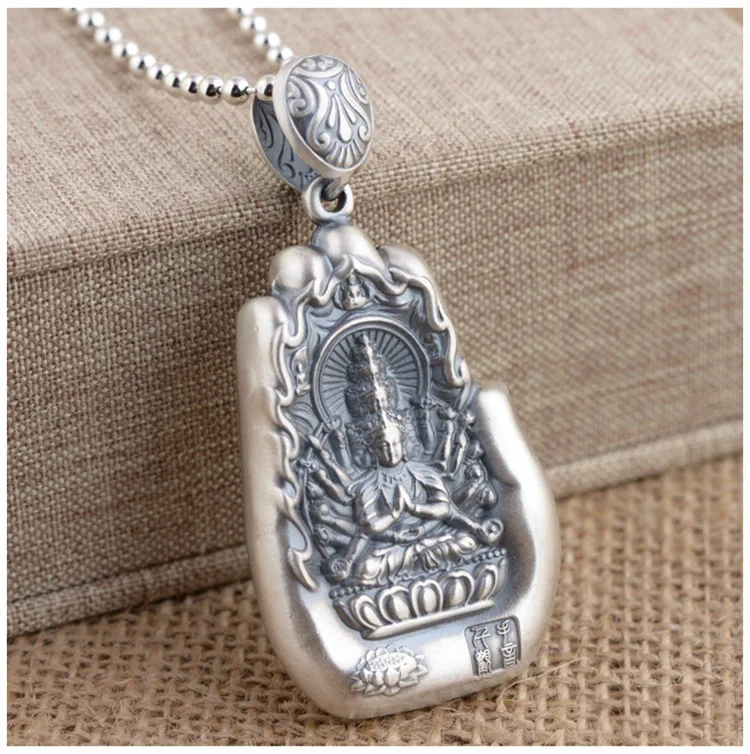 999 Sterling Silver Zodiac Buddha Pendant Pure Silver Vintage Year of Ox Eight Patron Saints Buddha Hand Necklace for Men and