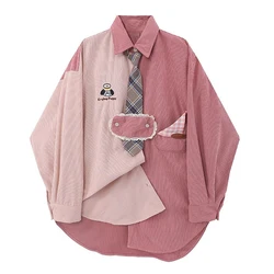 Women Preppy Style Contrast Color Patchwork Shirt Vintage Corduroy with Tie Embroidery Blouse Sweet Cute Chic Asymmetrical Tops
