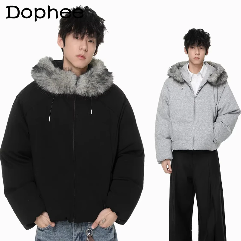 

2025 Men's Winter Chic Parkas Faux Fur Collar Splicing Hooded Thickened Trendy Solid Color Parkas Solid Color Long Sleeve Coats