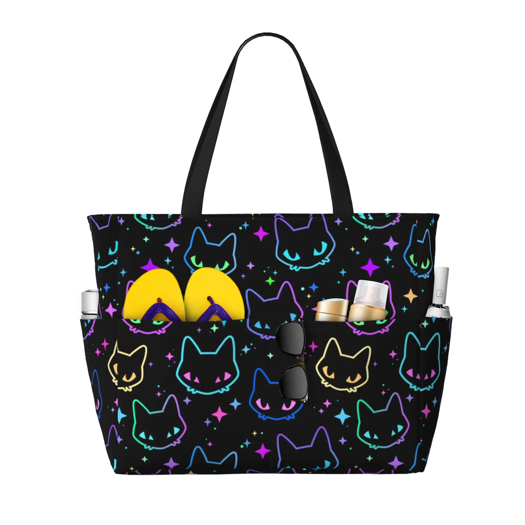 Colorful Neon Cat Heads Large Waterproof Beach Bag for Women Ladies Sandproof Tote Bag Pool Bags for Travel Vacation Gym Swim