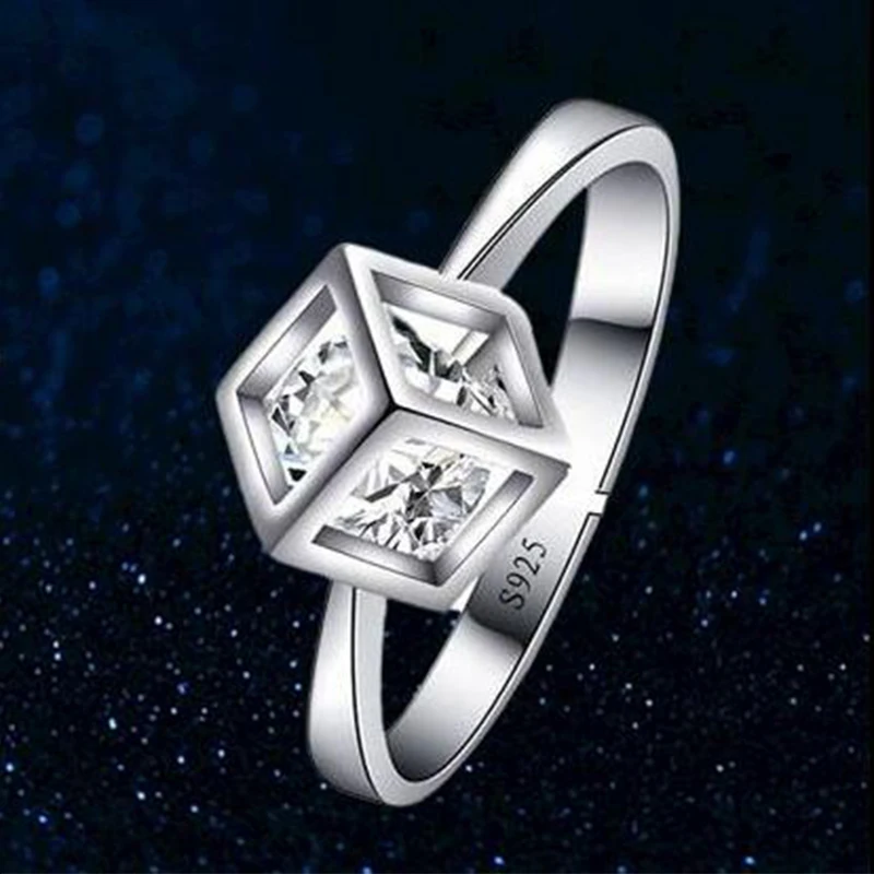 Radiant Zircon Cube Shape Elegant Genuine 925 Sterling Silver Ring For Women Free Size Ring Luxury Wedding Gift Fine Jewelry