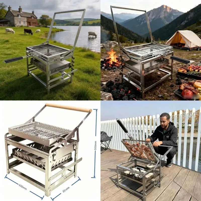 304 Stainless Steel Charcoal Grill with Flip Design for Outdoor Cooking BBQ Barbecue Portable Grilling Equipment